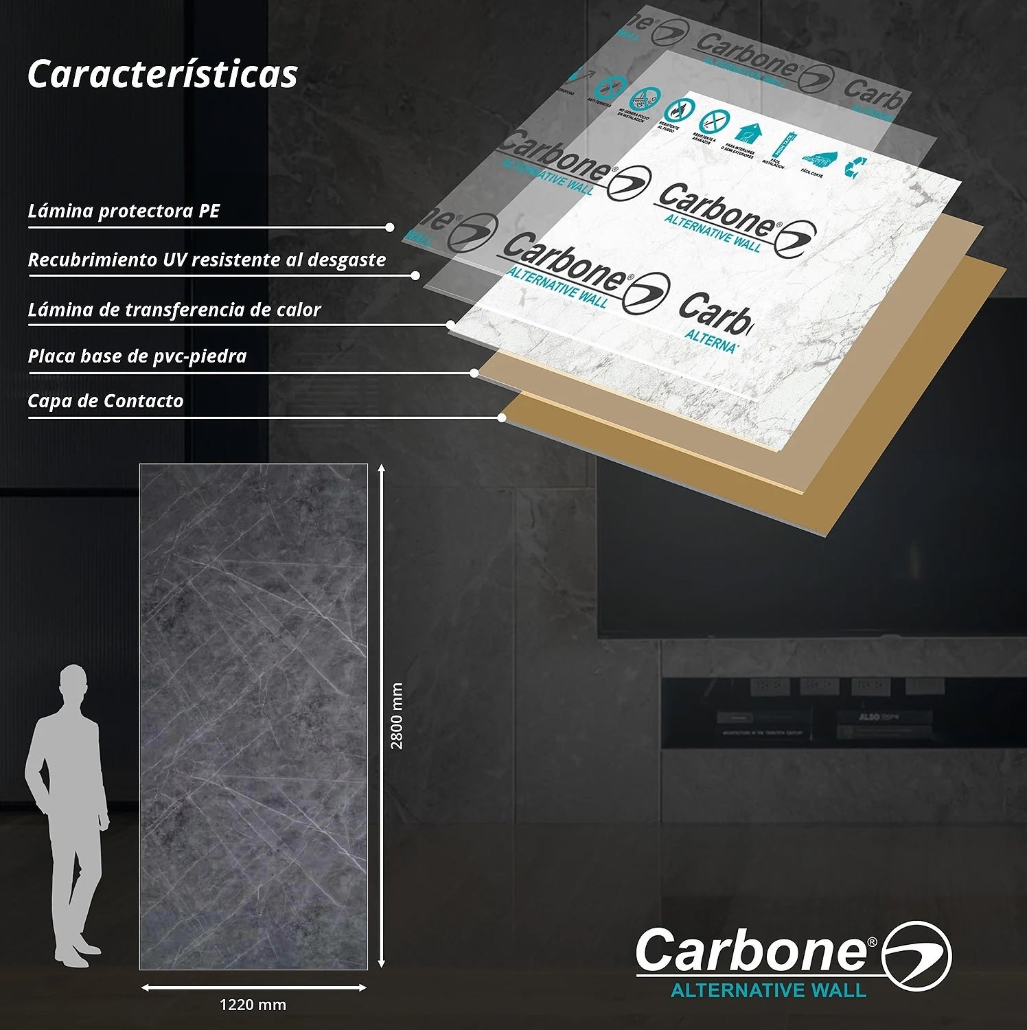 Panel Decorativo Mármol PVC 1.22m x 2.80m x 3mm Gris marquina (Línea económica) Láminas de PVC para paredes y techo.