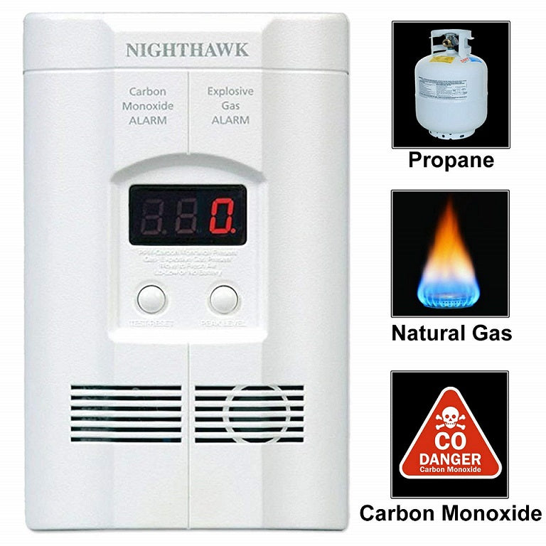 Detector alarma de gas y monoxido de carbono de enchufe con bateria de respaldo. 110v