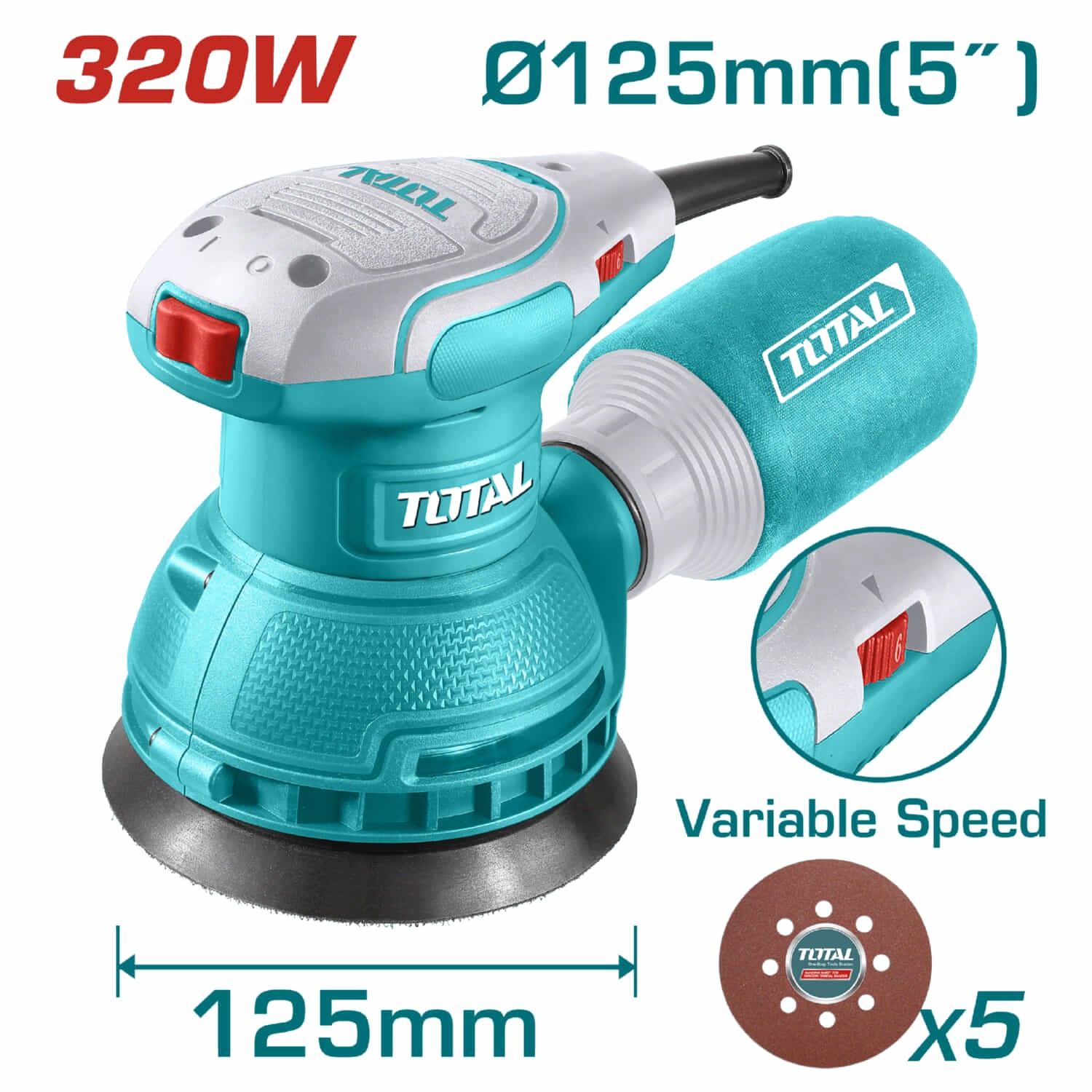 Lijadora Orbital de 110-120V~50Hz-60Hz. Potencia 320W. Velocidad Max. 13000 rpm. D de Pad: 125 mm circular rotativa.