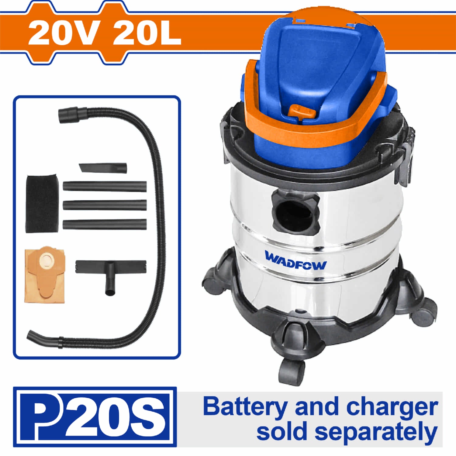 Aspiradora inalambrica 20V Capacidad 20L. Filtro HEPA. No incluye Bateria ni Cargador.