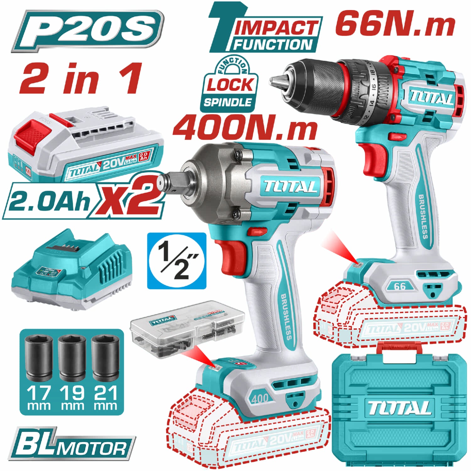 Combo Total 20V Taladro Impacto y Llave de Impacto 20V Inalámbricas Poderosas Y Potentes Con Batería Y Cargador. COMBOS POCAS UNIDADES