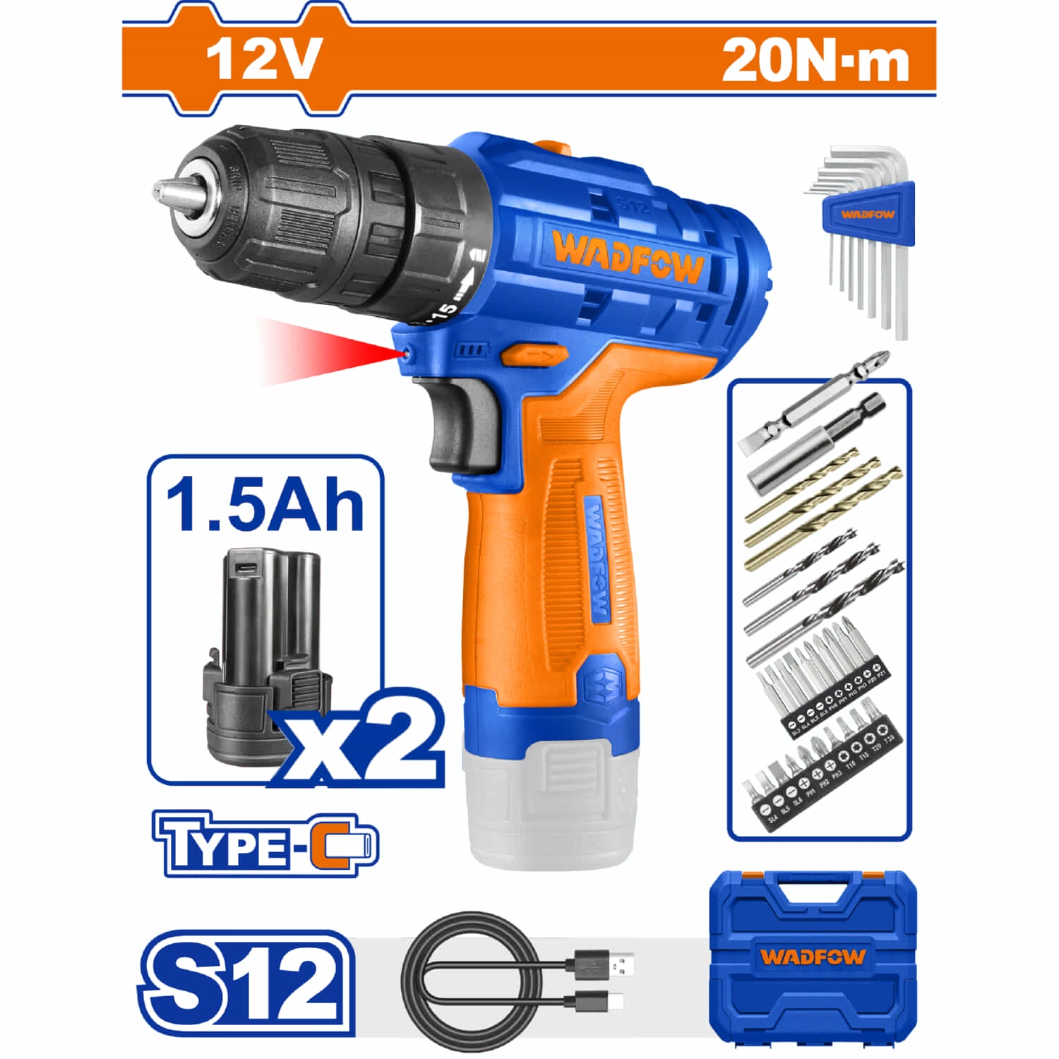 Taladro drill Inálámbrico de 12V 0-400/0-1500rpm. 20Nm Torque:15+1 Carga USB.