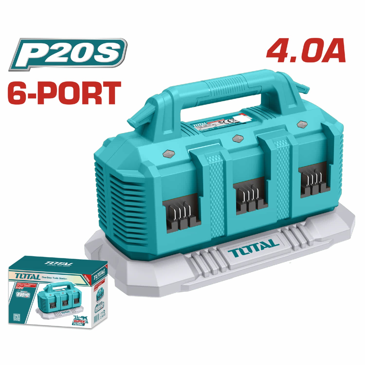Cargador rápido de baterías 20V con 6 puertos. Corriente 4A. TOTAL