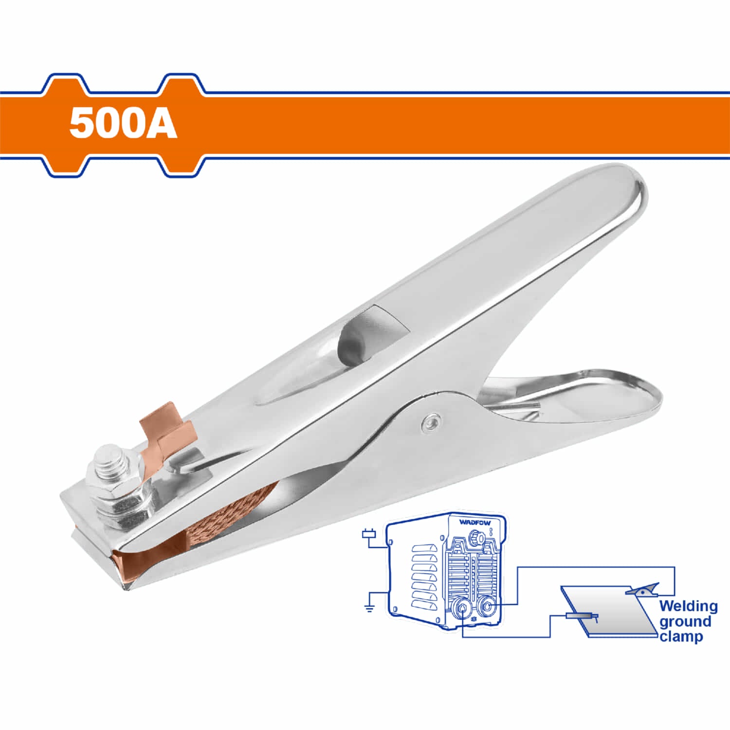 Pinza para cable tierra para soldadura de 500A. Apertura máx: 75mm. Longitud:205mm.
