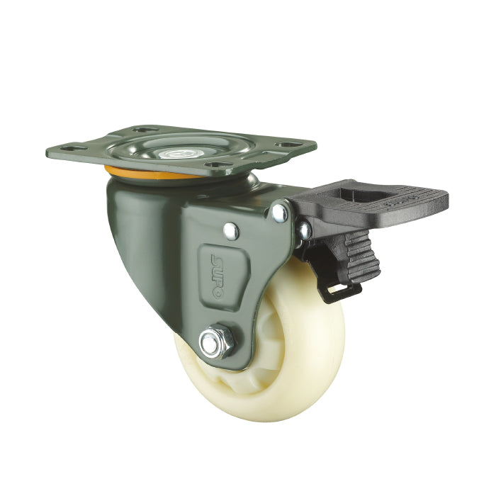 Rueda giratioria freno Serie trabajo mediano 75mm 3" Capacidad por rueda 122kg Poliolefina Blanca