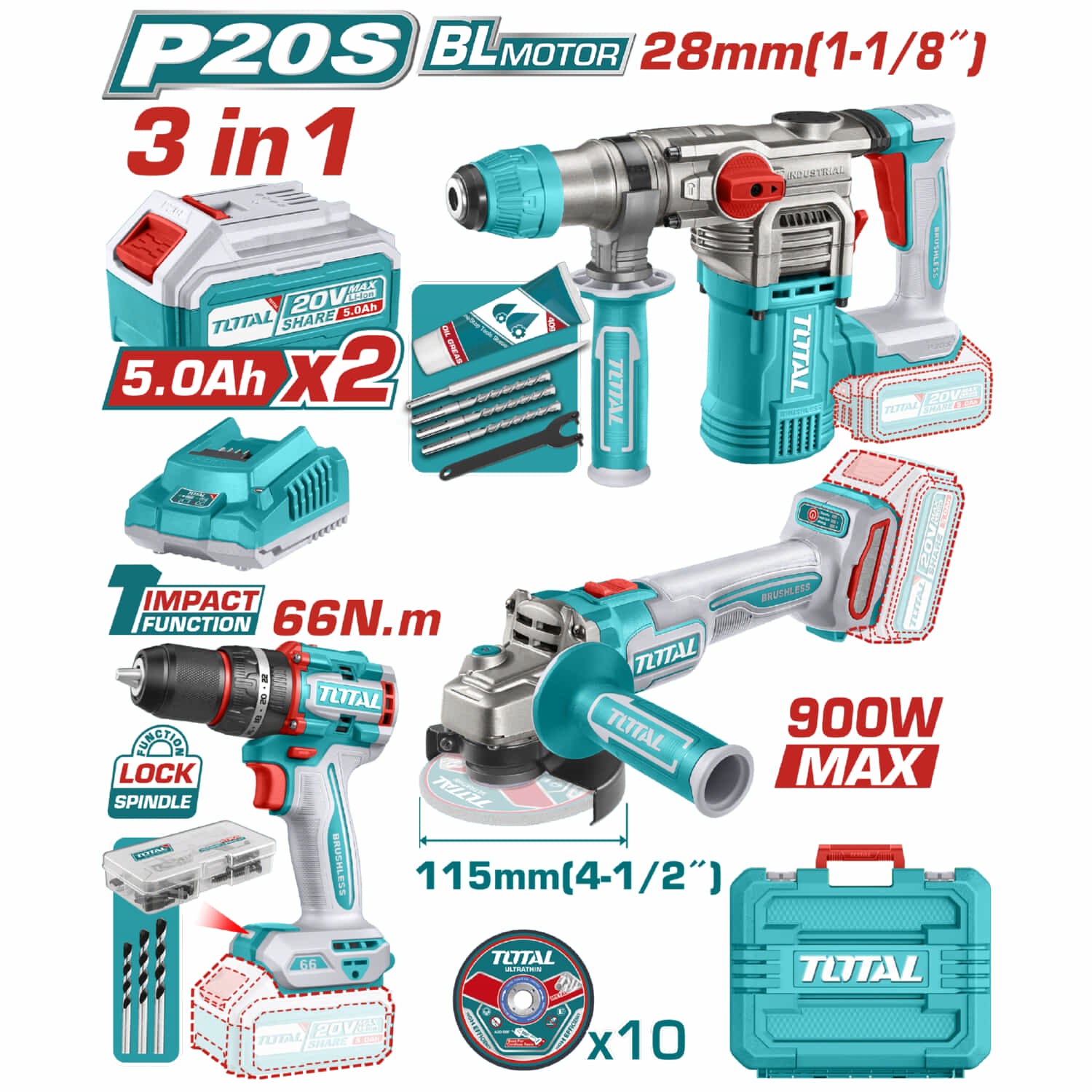 Combo del mes Total 20V Taladro de Impacto 66Nm 30000 bpm. Flexible Inalámbrica 4-1/2'' 5/8''-11UNC Rotomartillo 4400 bpm 4.5 J Incluye: Batería, Cargador y Accesorios. POCAS UNIDADES.