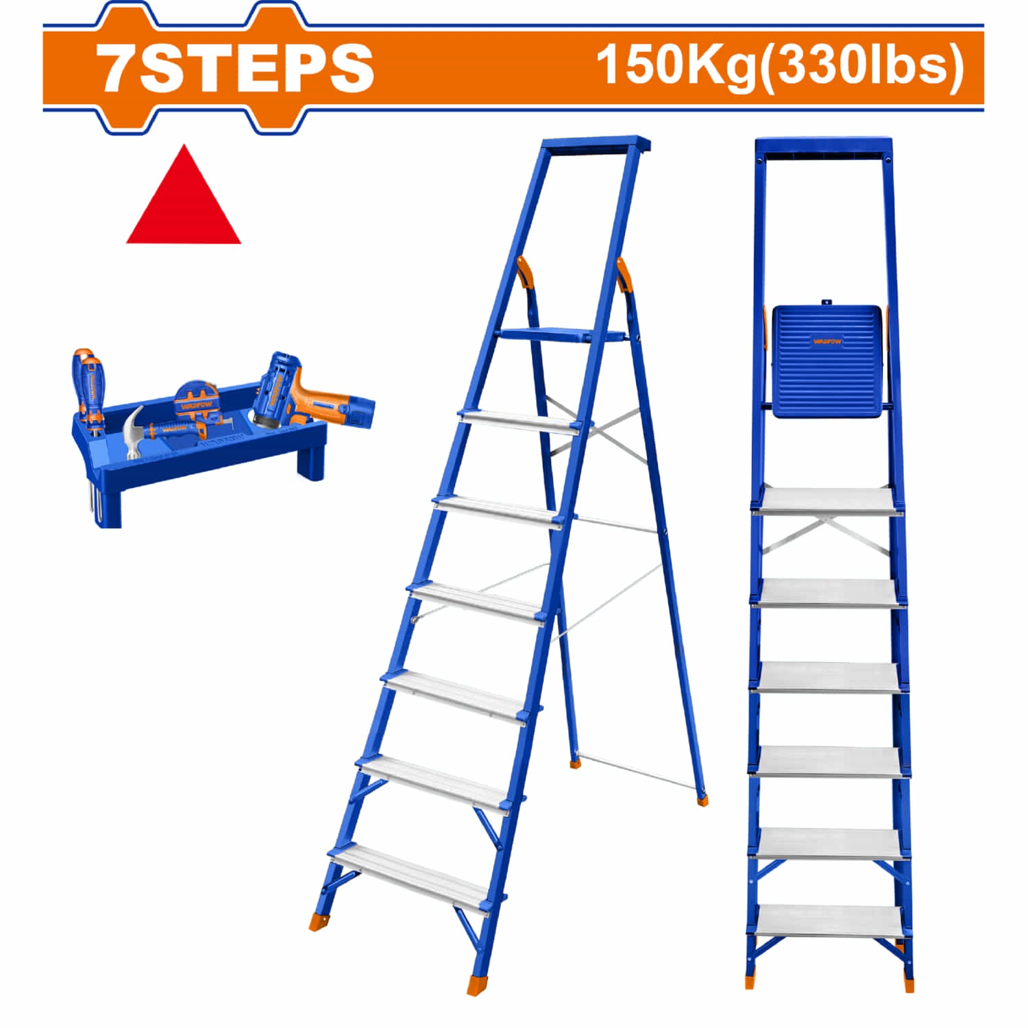 Escalera de Tijera 7 peldaños. Carga Máxima: 150 kg. Acero y Aluminio. Alt Max. de Trabajo: 150cm
