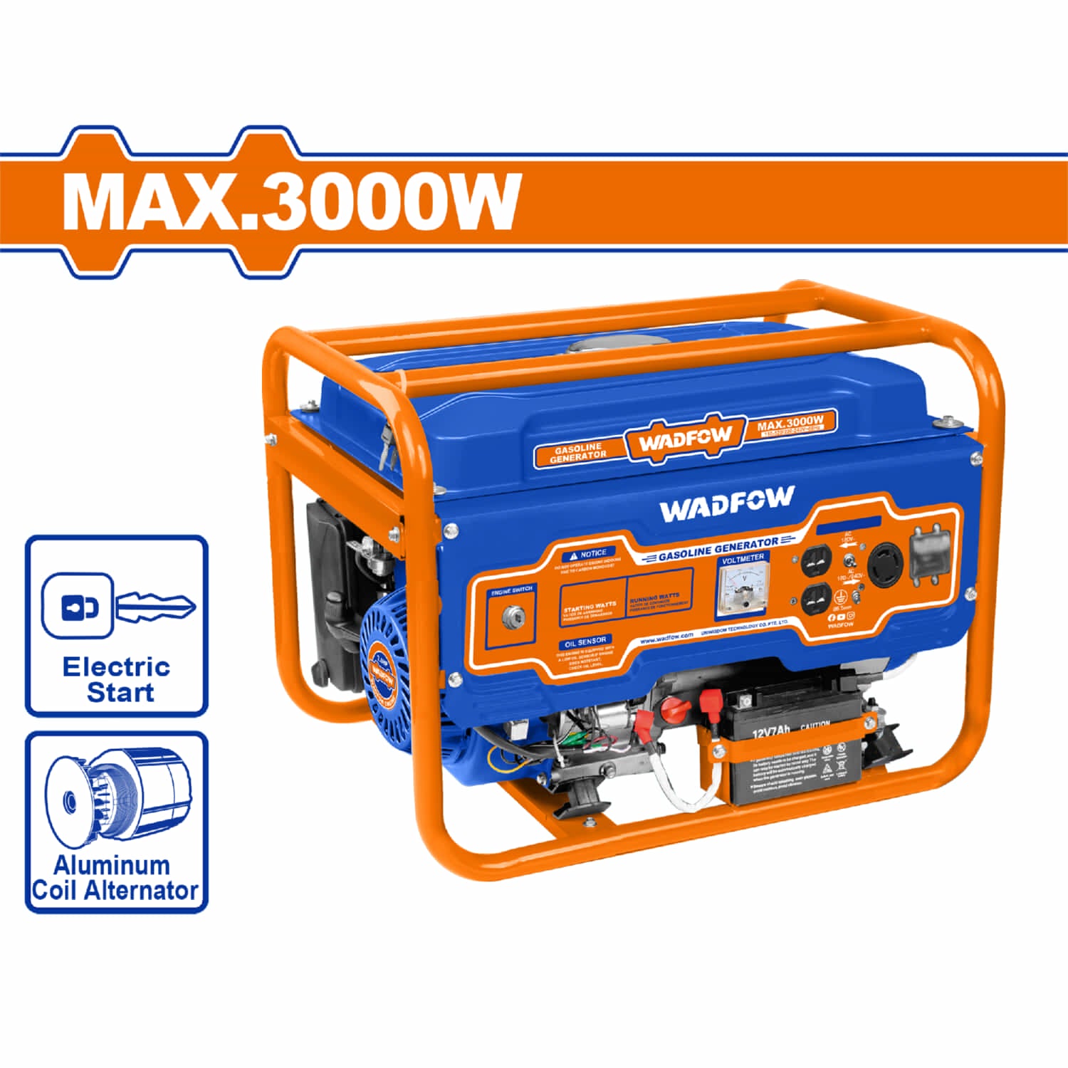 Generador a Gasolina 3000W 110-120V Frec. nominal: 60Hz Veloc. 3600rpm Motor: 4 tiempos. (encendido con llave)