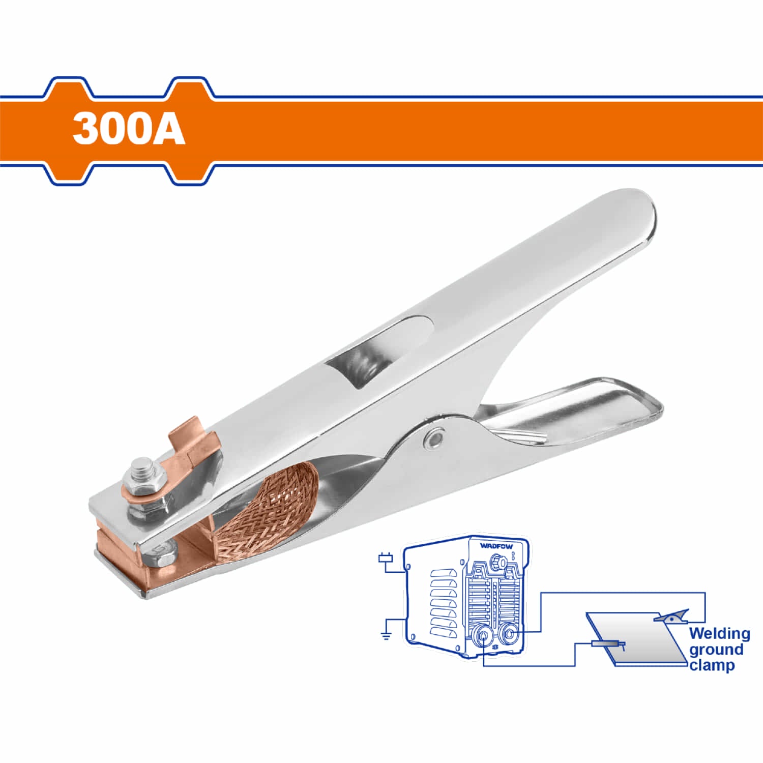 Pinza para cable tierra para soldadura de 300A. Apertura máx: 60mm. Longitud:170mm.