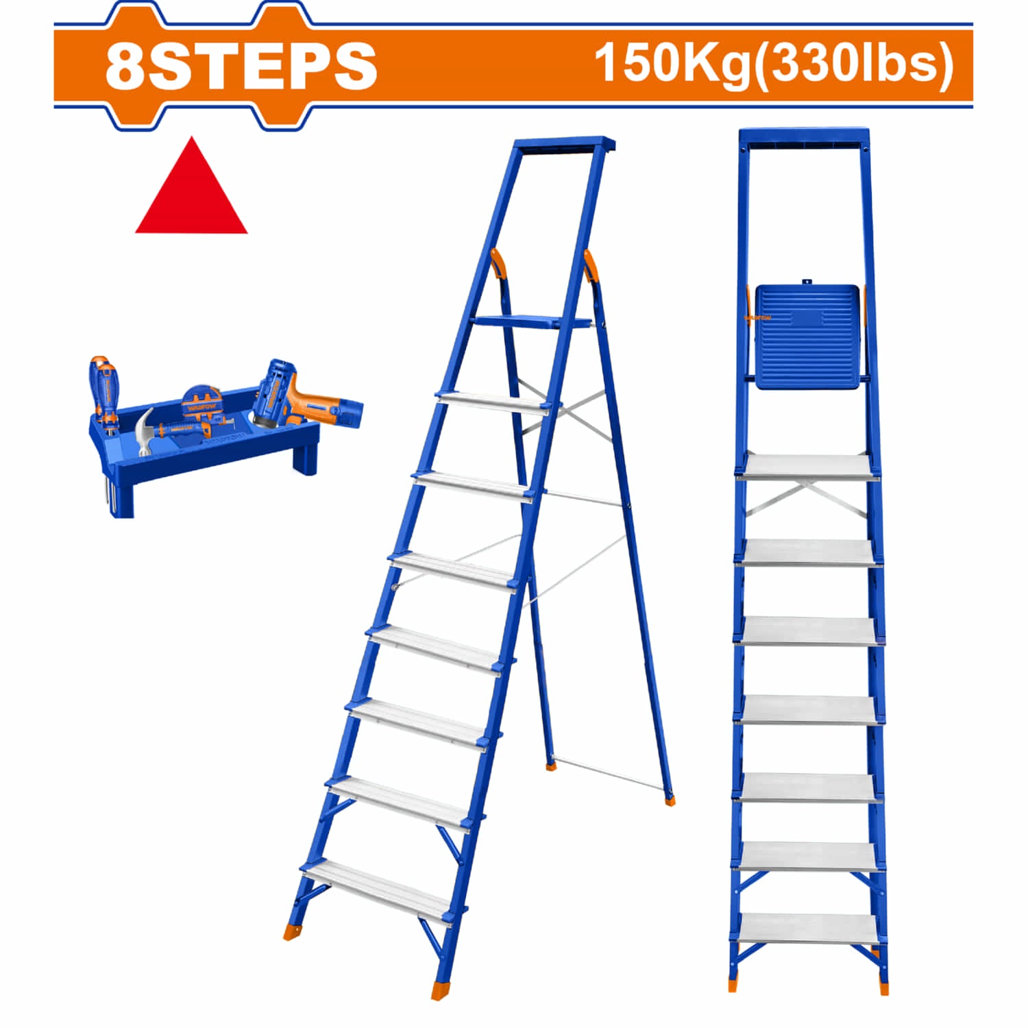 Escalera de Tijera 8 peldaños. Carga Máxima: 150 kg. Acero y Aluminio. Alt Max. de Trabajo: 172cm