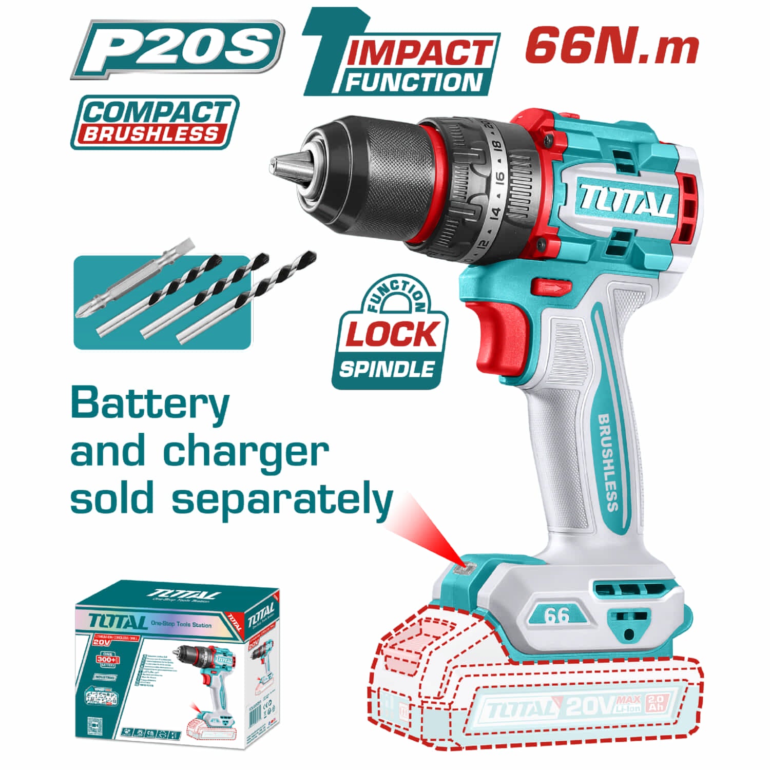 Taladro Inalámbrico 20V 1/2" 66Nm Impacto. Motor Sin Escobillas No incluye batería ni cargador. Super Total