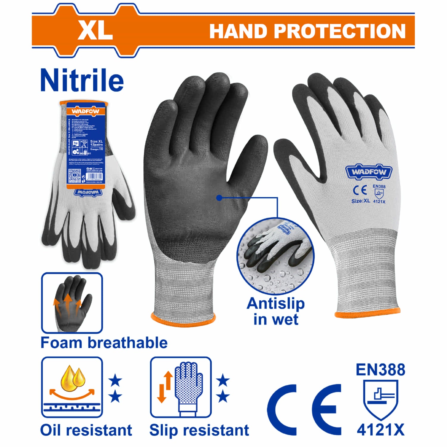 Guantes de Nitrilo Revestido XL. Recubrimiento de espuma. Reduce Sudoración. Set 12 pares.