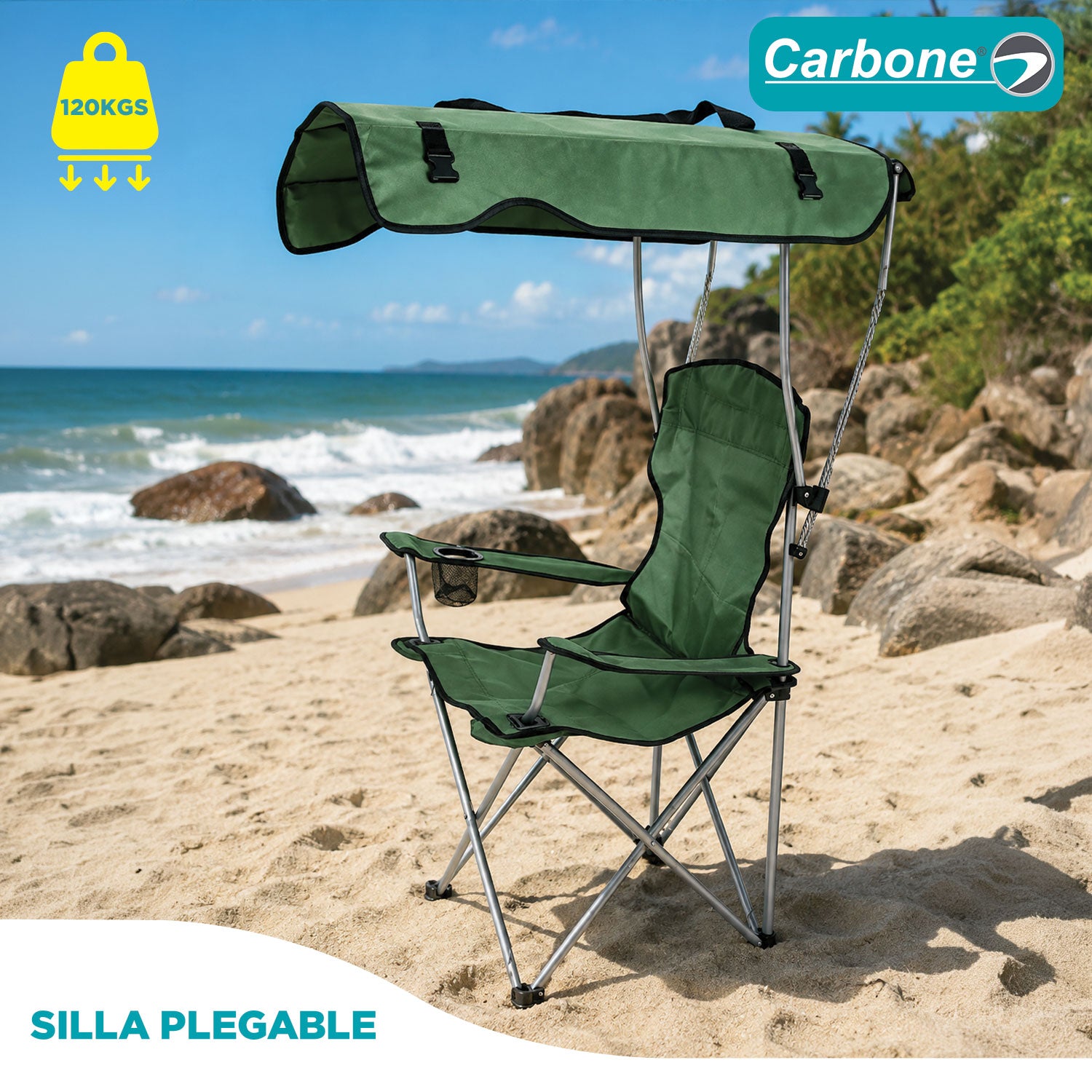 Silla plegable color azul de 50cm x 50cm x 90/120cm con portavasos y techo