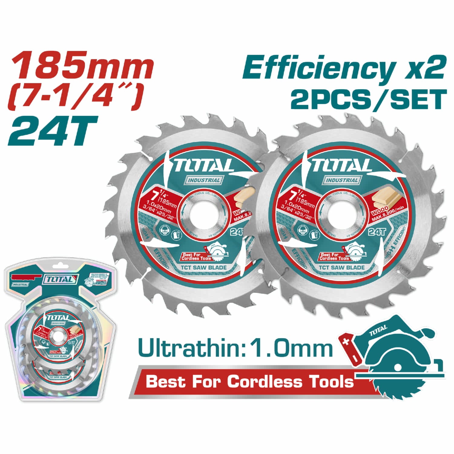 Discos de corte sierra TCT 185mm (7-1/4") para madera.24T. Compatible con Sierra TSLI1851. Set de 2.
