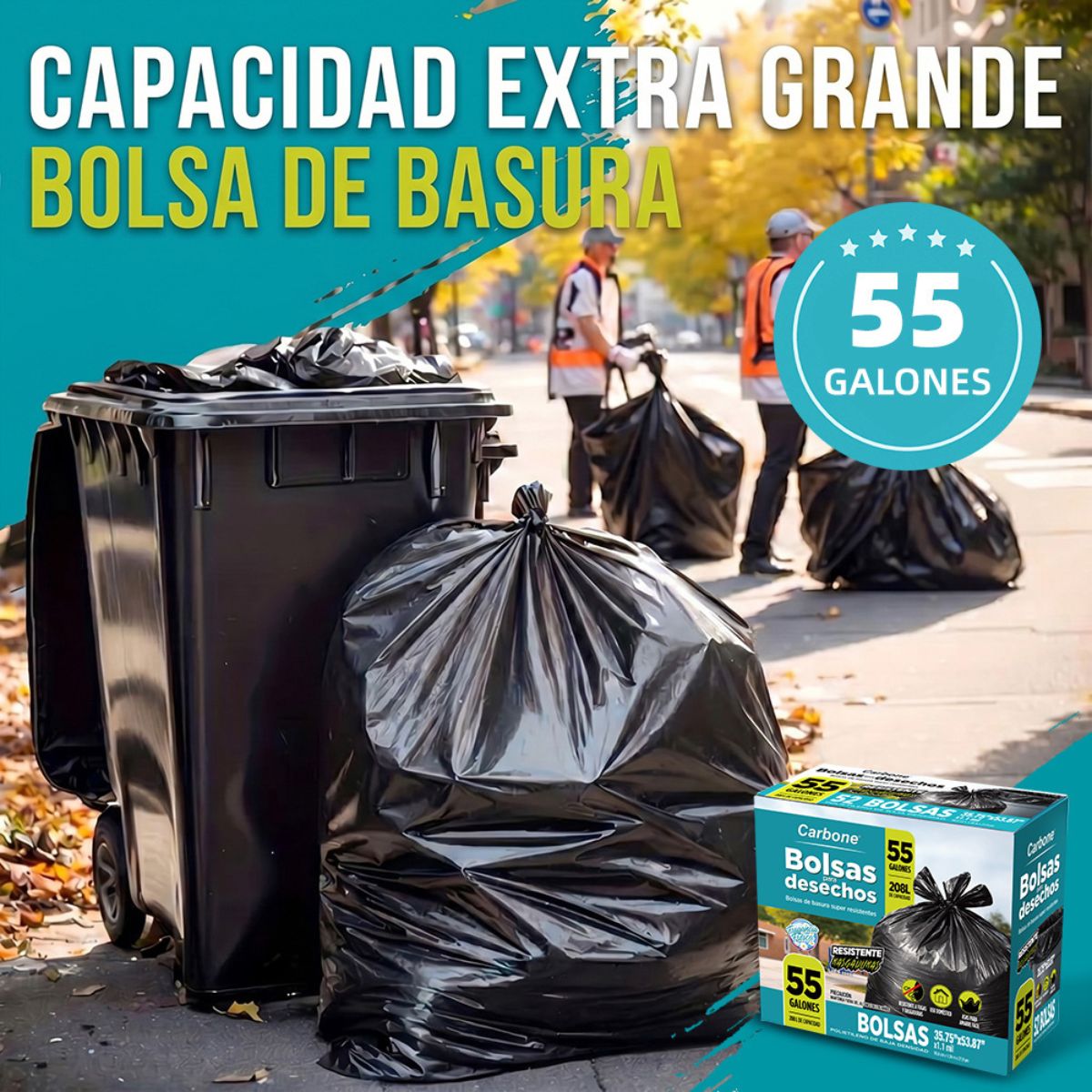 Bolsas de Basura Extra Resistentes 55 Galones (208L), 50 Unidades. Cartuchos Tipo Industrial con Asas para Amarre de Alta Resistencia (91x136 cm). Color Negro