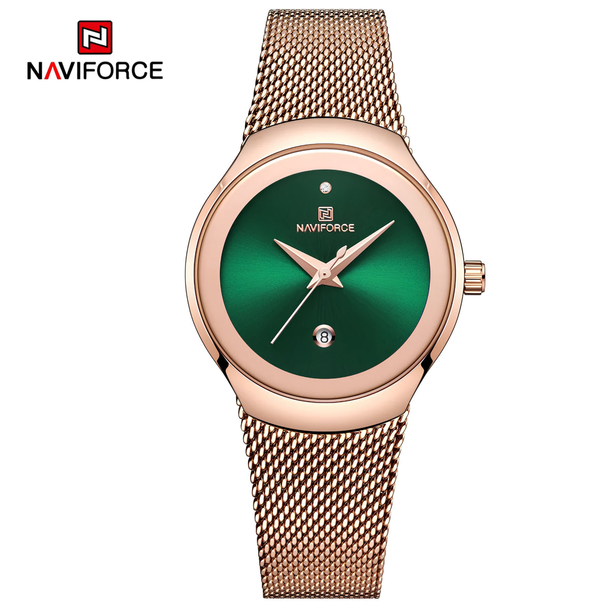 Naviforce Reloj Analógico Rose Gold con Esfera Verde, Correa de Malla de Acero Inoxidable, Diámetro de 32 mm y Resistencia al Agua 3 ATM.