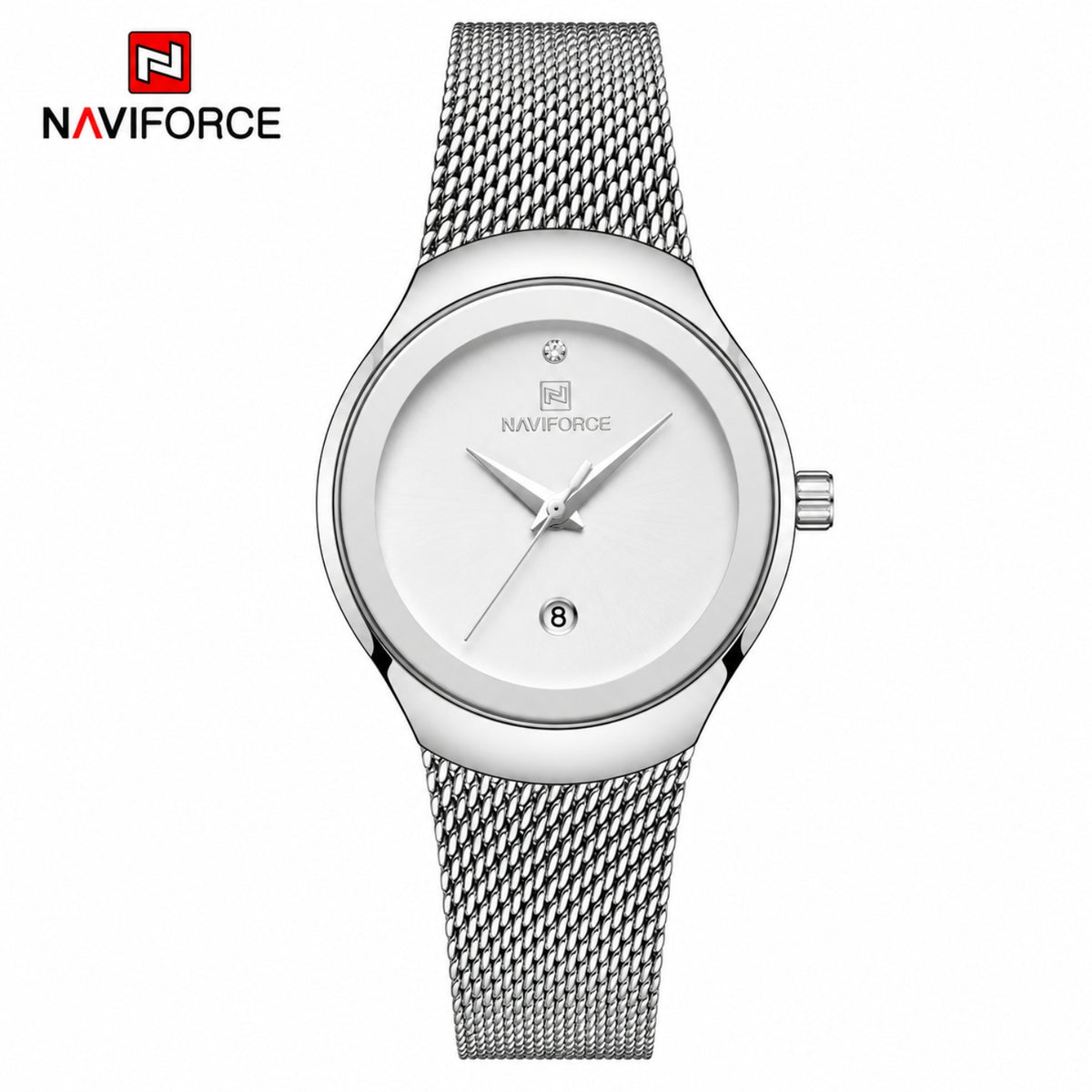 Naviforce Reloj Analógico Plateado con Esfera Blanca, Correa de Malla de Acero Inoxidable, Diámetro de 32 mm y Resistencia al Agua 3 ATM.