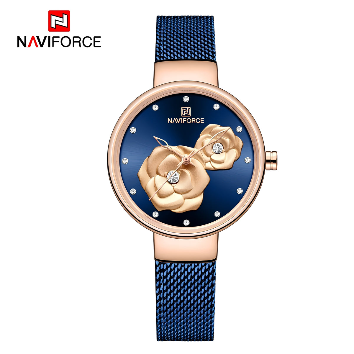 Naviforce Reloj Analógico Azul con Esfera Azul, Correa de Malla de Acero Inoxidable, Diámetro de 32 mm y Resistencia al Agua 3 ATM.