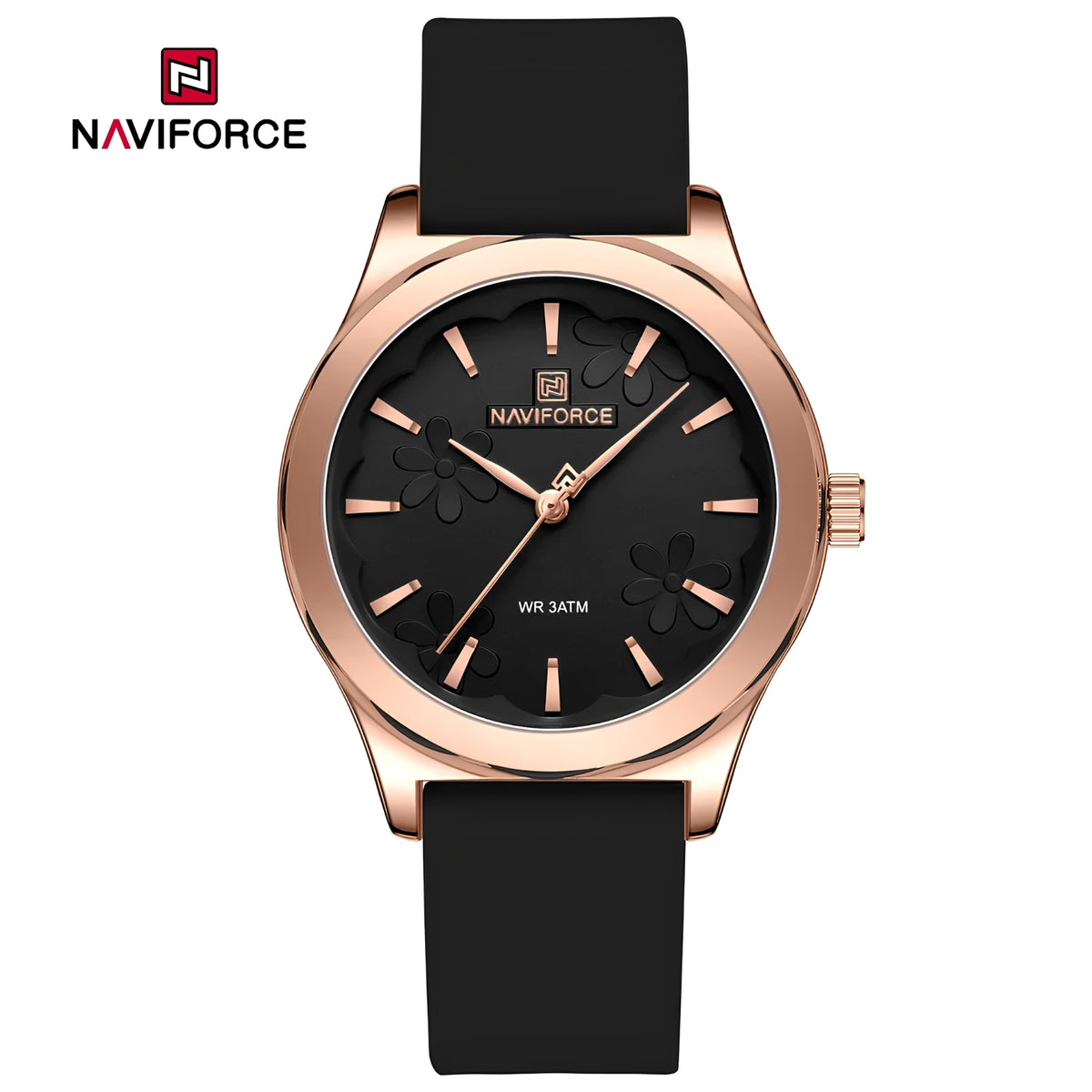 Naviforce Reloj Analógico Negro con Detalles Rose Gold y Correa de Silicona, Diámetro de 36 mm, Cristal Mineral Endurecido y Resistencia al Agua 3 ATM.