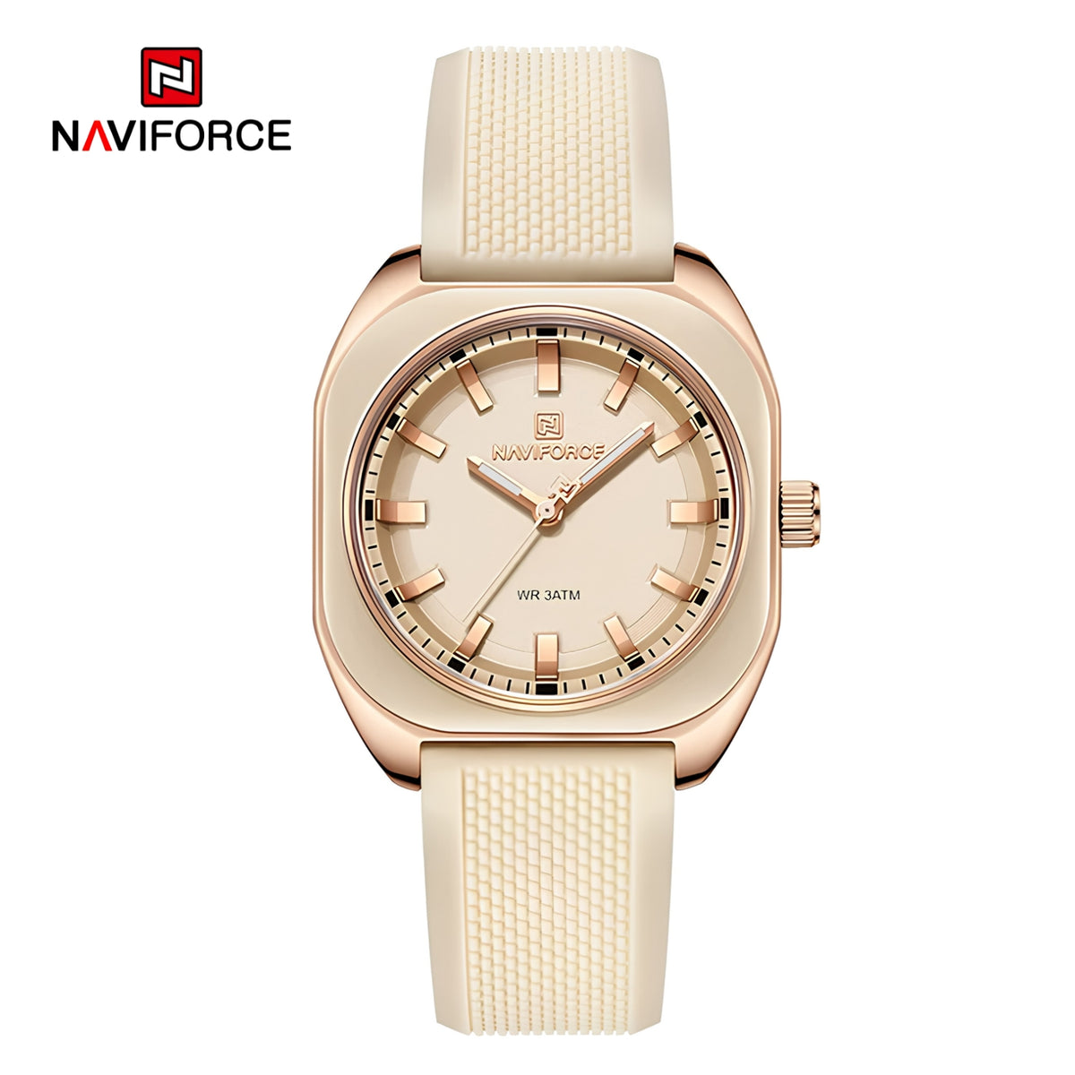 Naviforce Reloj Analógico Beige con Detalles Rose Gold y Correa de Silicona, Diámetro de 33 mm, Cristal Mineral Endurecido y Resistencia al Agua 3 ATM.