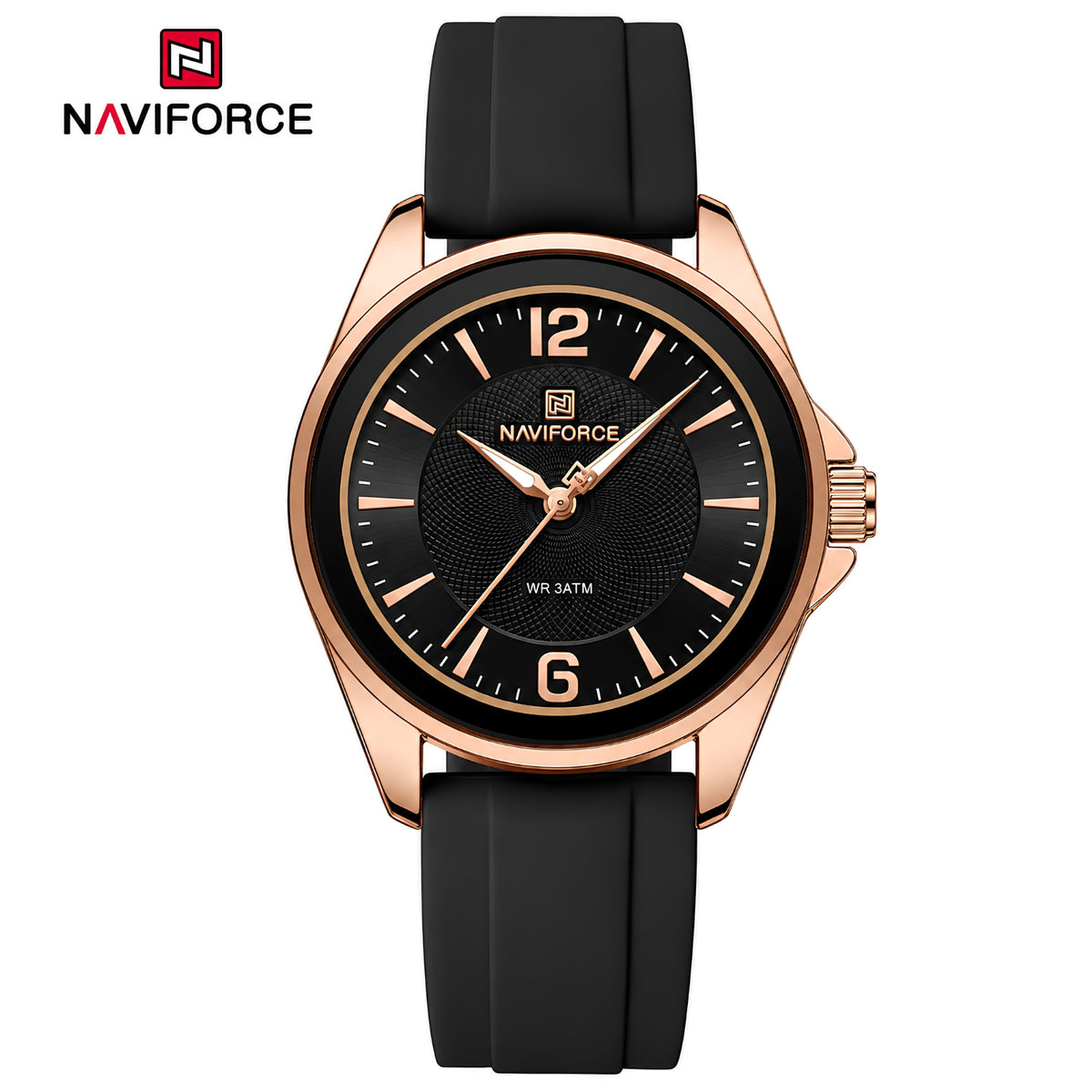Naviforce Reloj Analógico Negro con Detalles Rose Gold y Correa de Silicona, Diámetro de 36 mm, Cristal Mineral Endurecido y Resistencia al Agua 3 ATM.