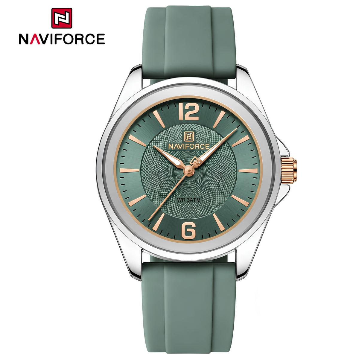 Naviforce Reloj Analógico Verde con Detalles Plateados y Correa de Silicona, Diámetro de 36 mm, Cristal Mineral Endurecido y Resistencia al Agua 3 ATM.