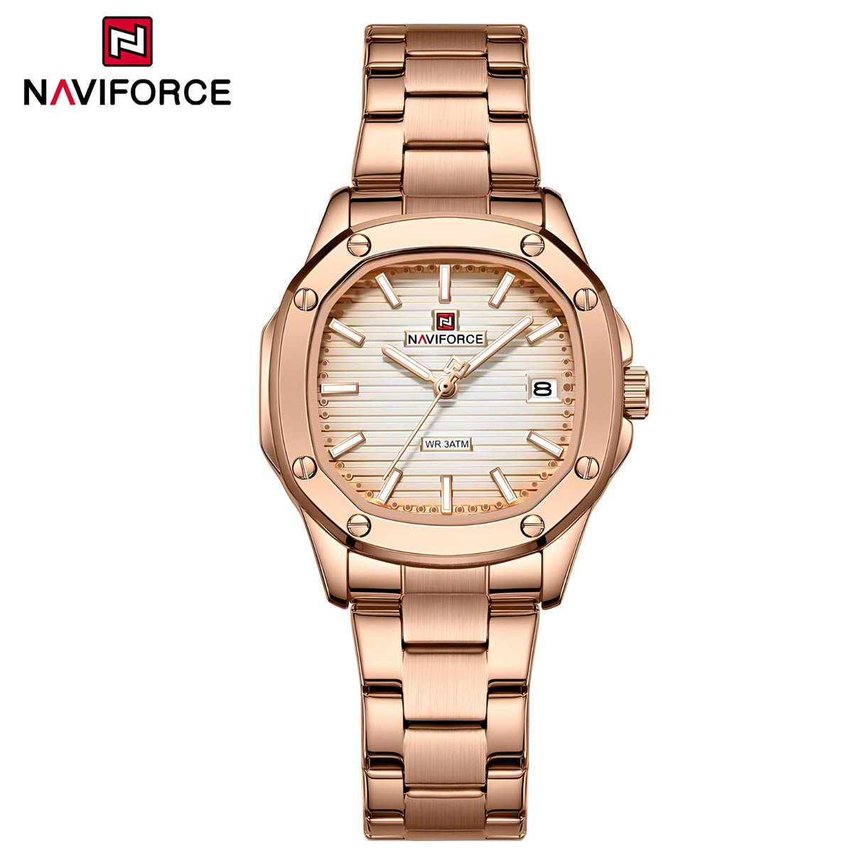 "Naviforce Reloj Analógico Rose Gold con Correa de Acero Inoxidable, Diámetro de 34 mm, Cristal Mineral Endurecido, Calendario y Resistencia al Agua 3 ATM.
"