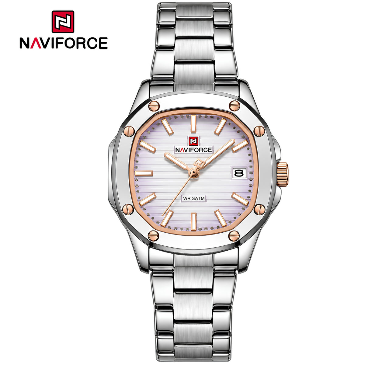Naviforce Reloj Analógico Plateado con Esfera Morada y Correa de Acero Inoxidable, Diámetro de 34 mm, Cristal Mineral Endurecido, Calendario y Resistencia al Agua 3 ATM.