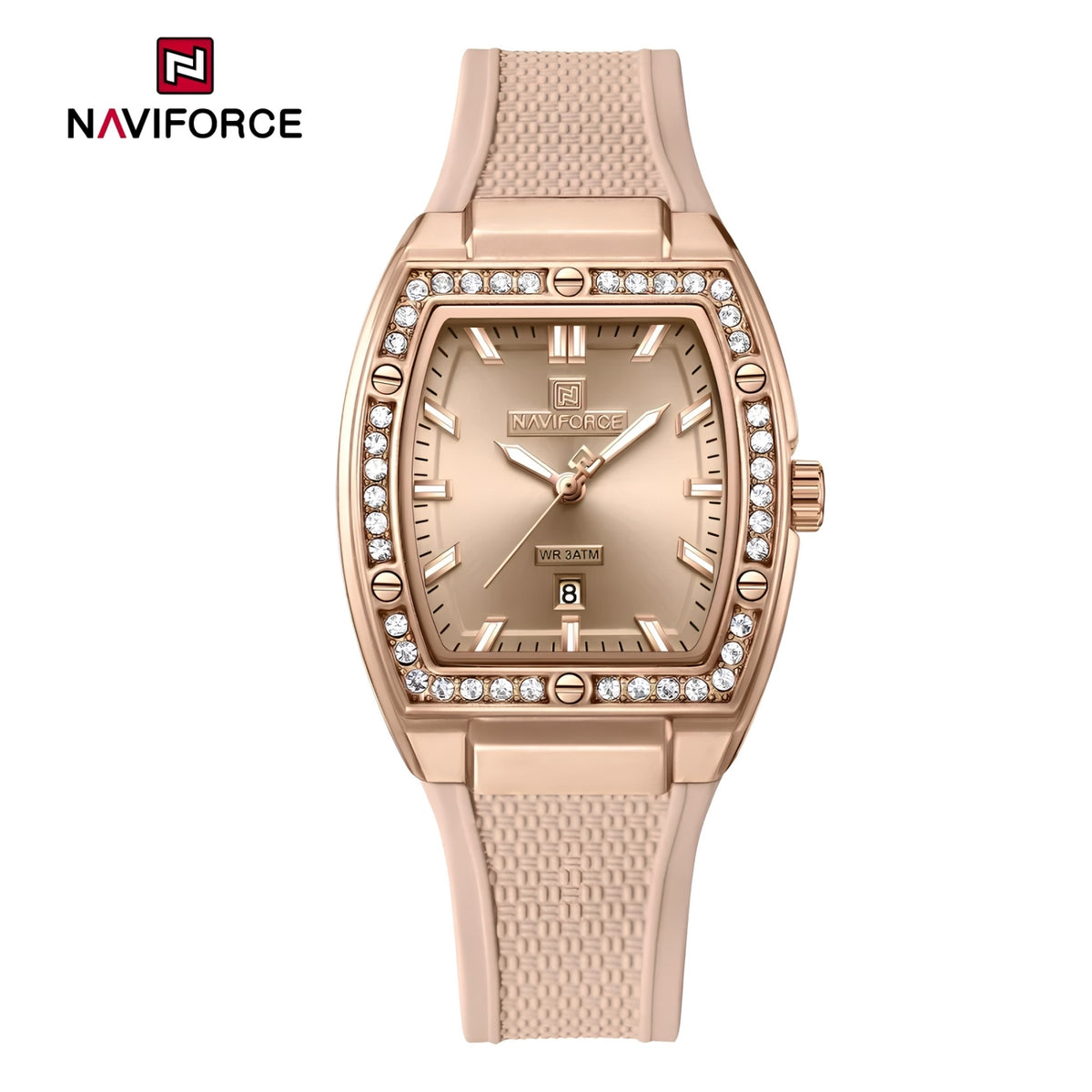 Naviforce Reloj Analógico Rose Gold con Correa Beige de Silicona, Diámetro de 32 mm, Calendario y Resistencia al Agua 3 ATM.