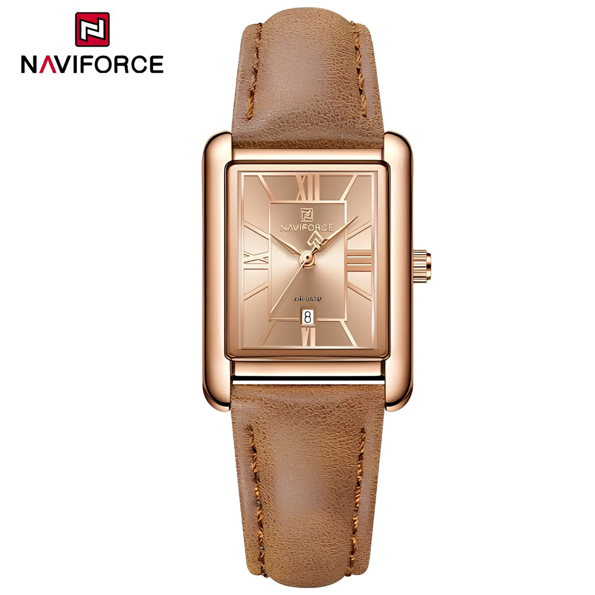 Naviforce Reloj Analógico Rose Gold con Correa Marrón, Diámetro de 25 mm, Cristal Mineral Endurecido, Calendario y Resistencia al Agua 3 ATM.