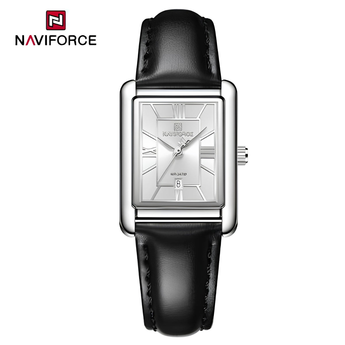 Naviforce Reloj Analógico Plateado con Correa Negra, Diámetro de 25 mm, Cristal Mineral Endurecido, Calendario y Resistencia al Agua 3 ATM.