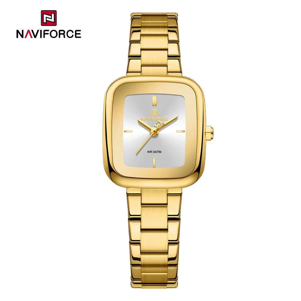 Naviforce Reloj Analógico Dorado con Esfera Blanca y Correa de Acero Inoxidable, Diámetro de 26 mm, Cristal Mineral Endurecido y Resistencia al Agua 3 ATM.