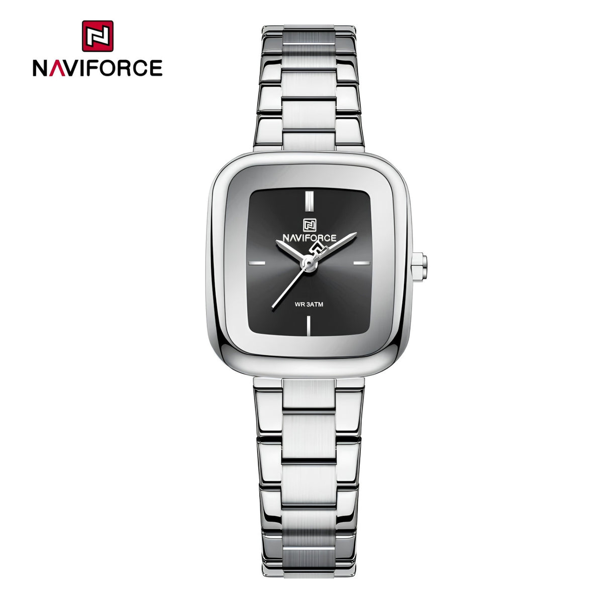 Naviforce Reloj Analógico Plateado con Esfera Negra y Correa de Acero Inoxidable, Diámetro de 26 mm, Cristal Mineral Endurecido y Resistencia al Agua 3 ATM.