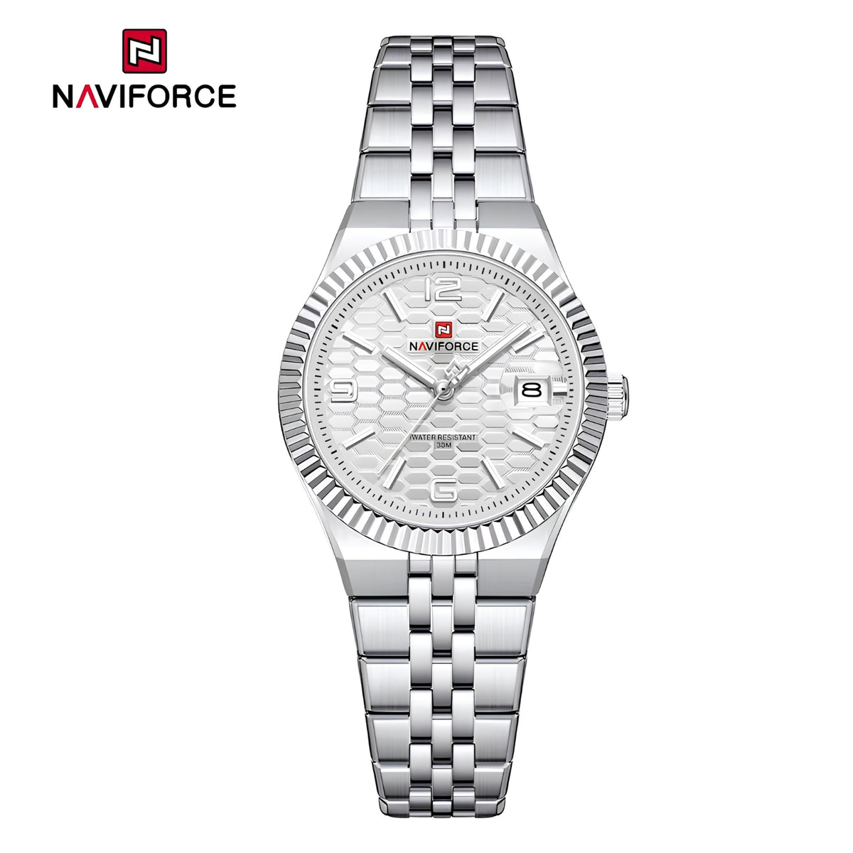 Naviforce Reloj Analógico Plateado con Esfera Blanca y Correa de Acero Inoxidable, Diámetro de 35 mm, Cristal Mineral Endurecido, Calendario y Resistencia al Agua 3 ATM.