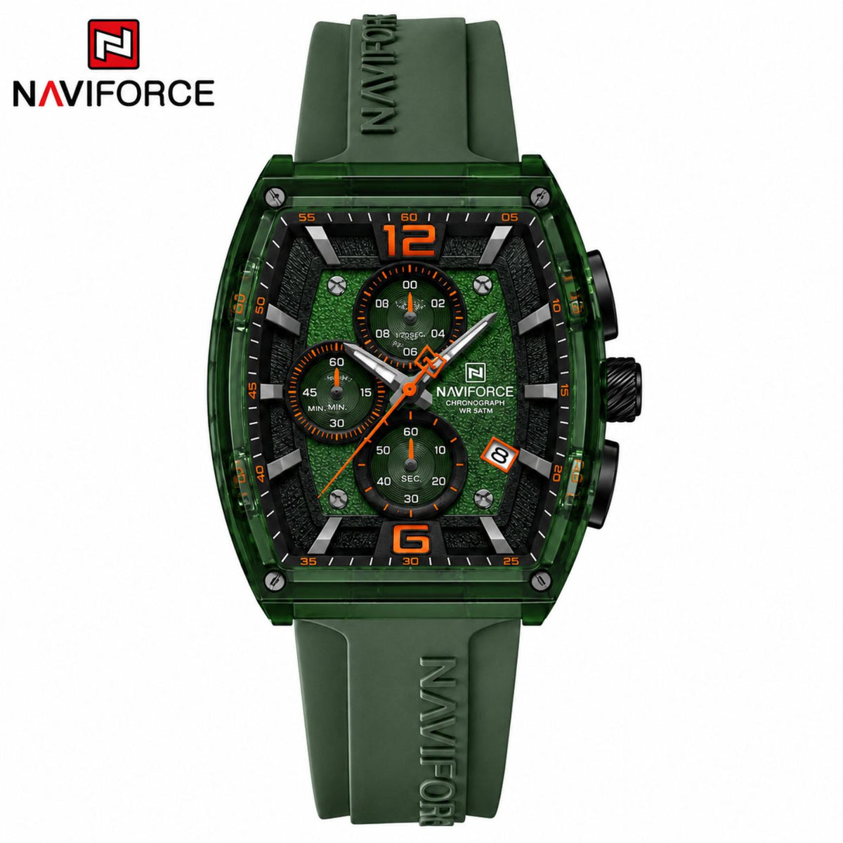 Naviforce Reloj Cronógrafo Verde con Detalles en Negro y Naranja, Correa de Silicona, Diámetro de 45 mm, Cristal Acrílico HD y Resistencia al Agua 5 ATM.
