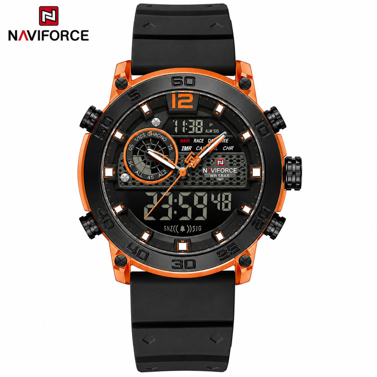 Naviforce Reloj Analógico y Digital en Negro y Naranja con Correa de Silicona, Diámetro de 45 mm, Cristal Acrílico HD y Resistencia al Agua 5 ATM.