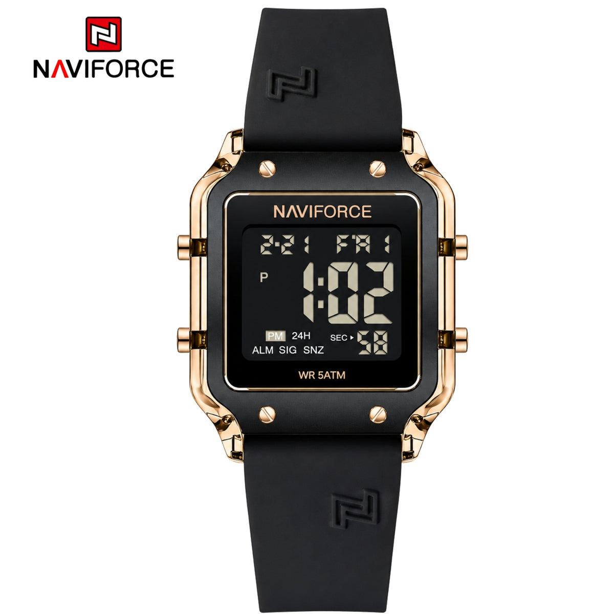 Naviforce Reloj Digital Negro con Detalles Rose Gold y Correa de Silicona, Diámetro de 34 mm, Cristal Acrílico HD y Resistencia al Agua 5 ATM.