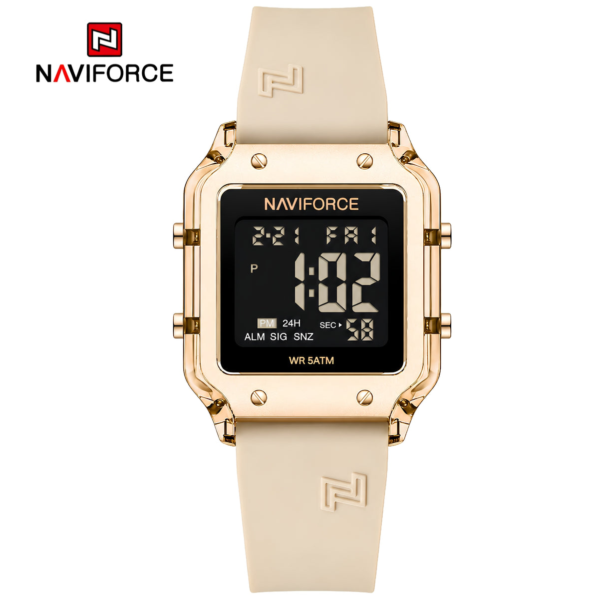 Naviforce Reloj Digital Beige con Detalles Rose Gold y Correa de Silicona, Diámetro de 34 mm, Cristal Acrílico HD y Resistencia al Agua 5 ATM.