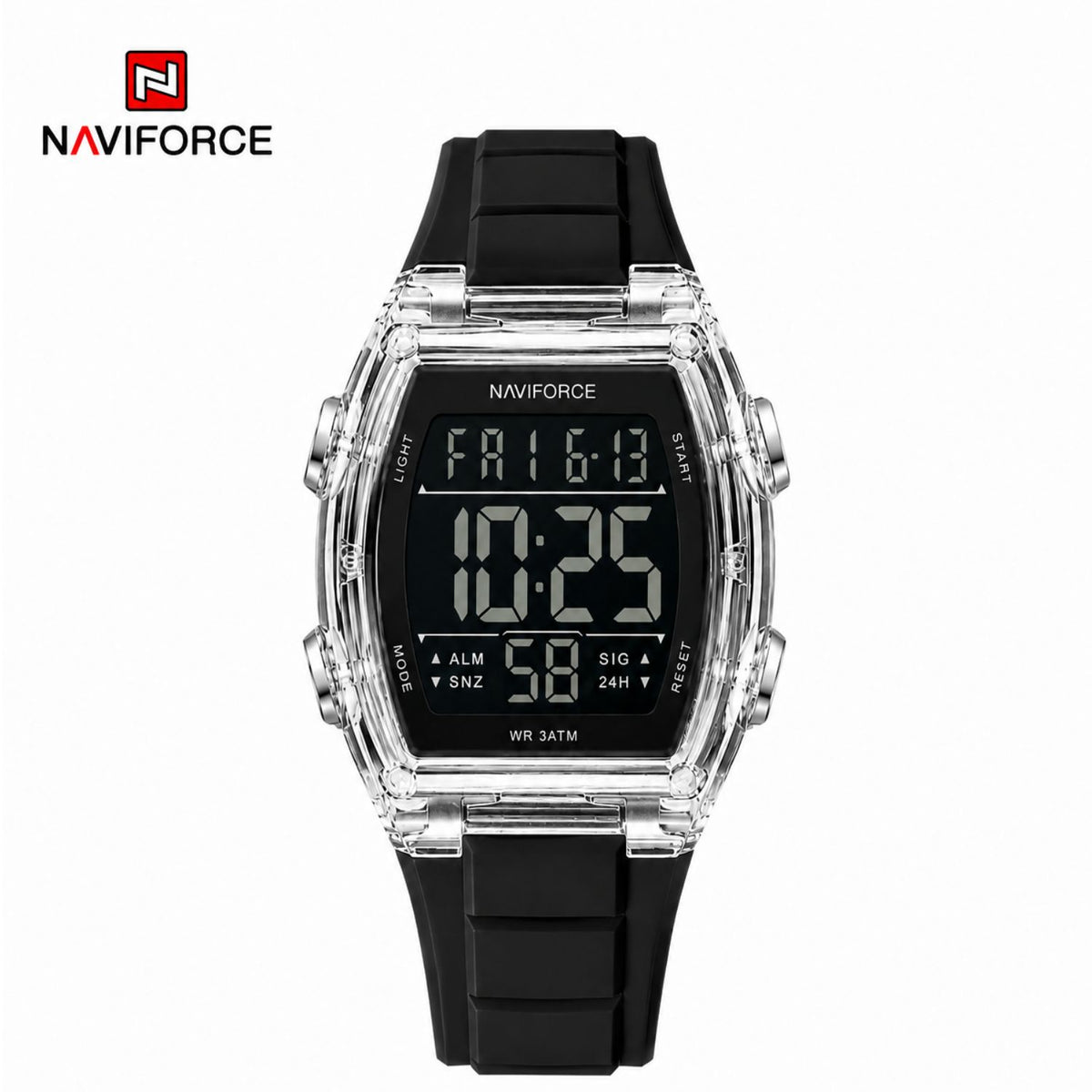 Naviforce Reloj Digital Negro con Acero, Correa de Silicona, Diámetro de 46 mm, Cristal Acrílico HD y Resistencia al Agua 5 ATM.