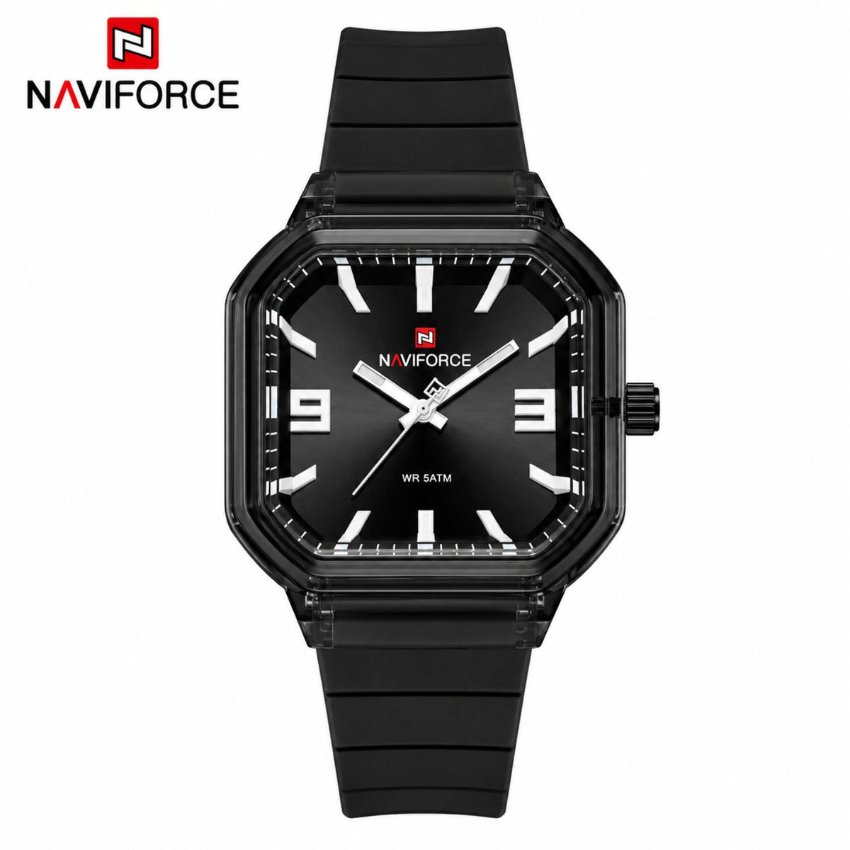 Naviforce Reloj Analógico Negro con Correa de Silicona, Diámetro de 38 mm, Cristal Acrílico HD y Resistencia al Agua 5 ATM.