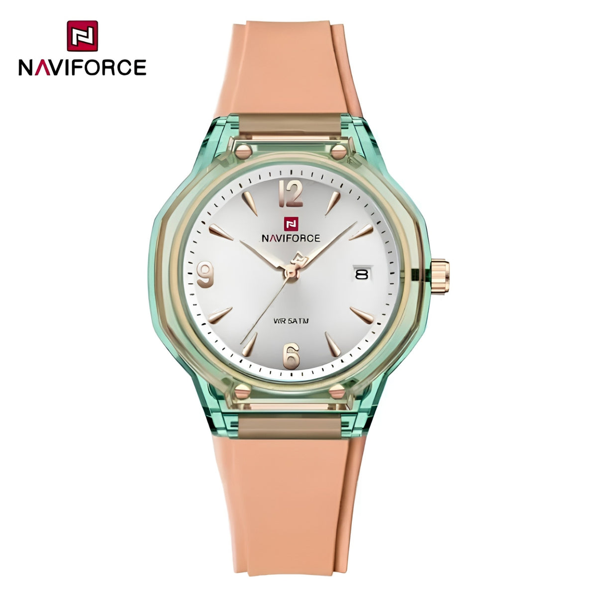 Naviforce Reloj Analógico Naranja con Detalles Verdes, Correa de Silicona, Diámetro de 36 mm, Cristal Acrílico HD y Resistencia al Agua 5 ATM.