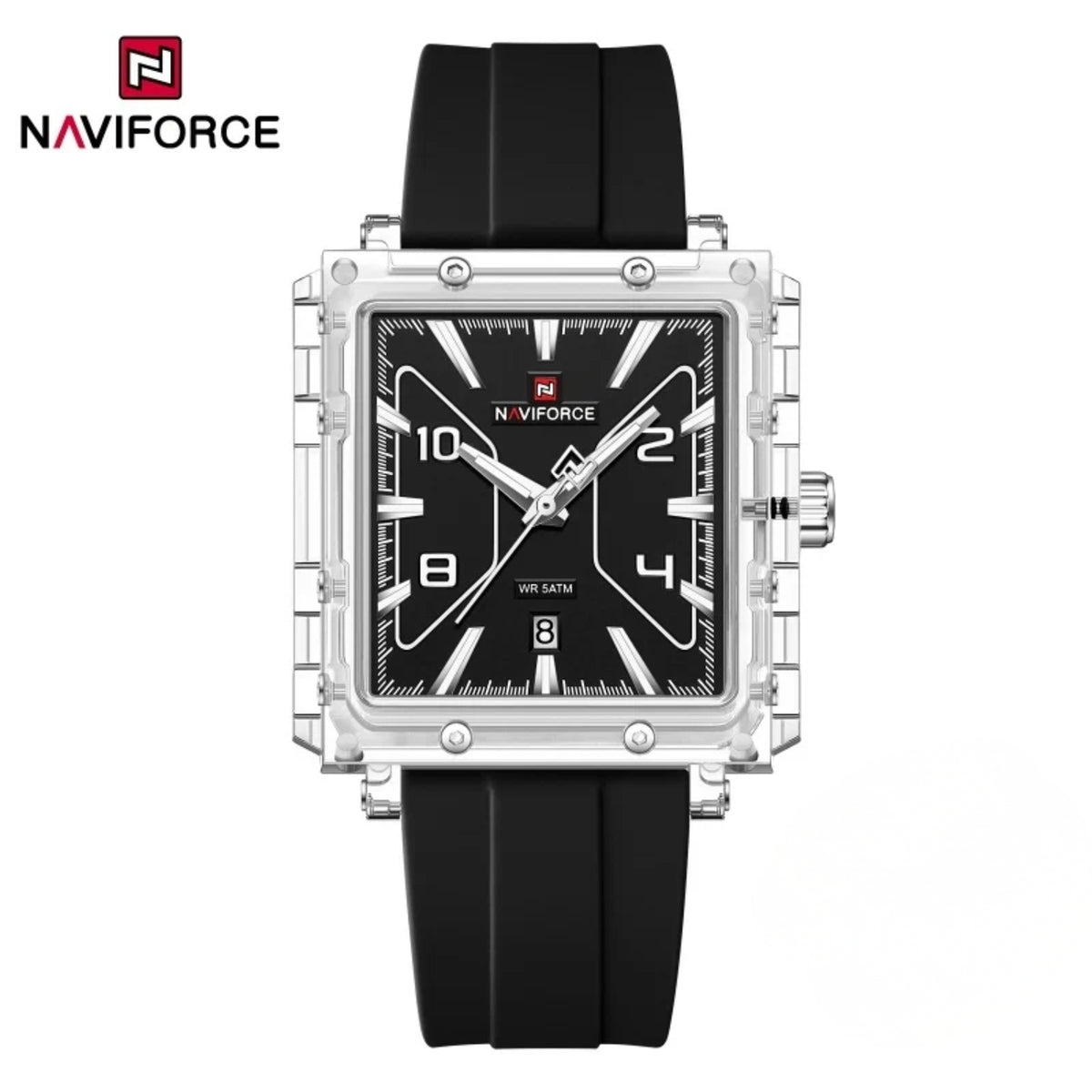 Naviforce Reloj Analógico Negro con Detalles Plateados, Correa de Silicona, Diámetro de 39 mm, Cristal Acrílico HD y Resistencia al Agua 5 ATM.