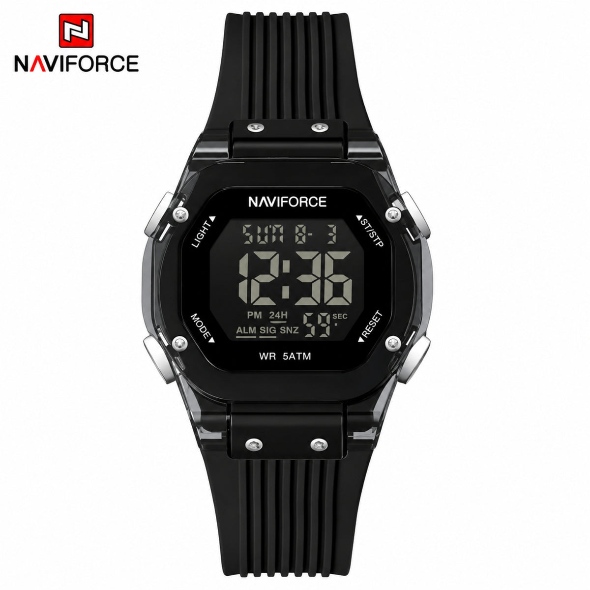 Naviforce Reloj Digital Negro con Correa de Silicona, Diámetro de 36 mm, Cristal Acrílico HD y Resistencia al Agua 5 ATM.
