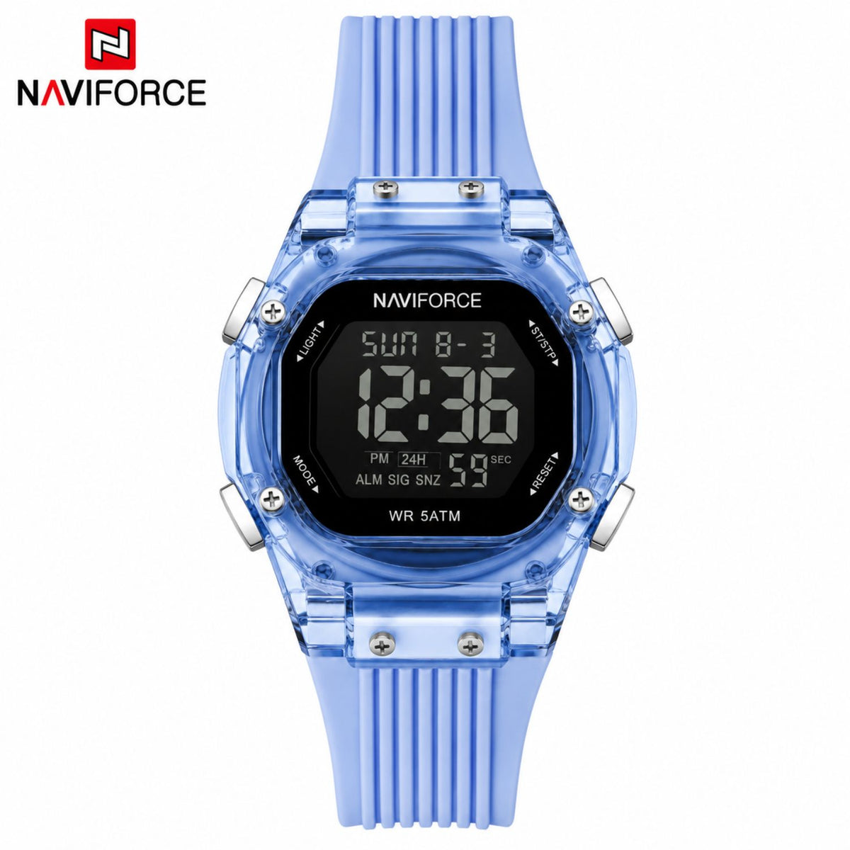 Naviforce Reloj Digital Azul con Correa de Silicona, Diámetro de 36 mm, Cristal Acrílico HD y Resistencia al Agua 5 ATM.