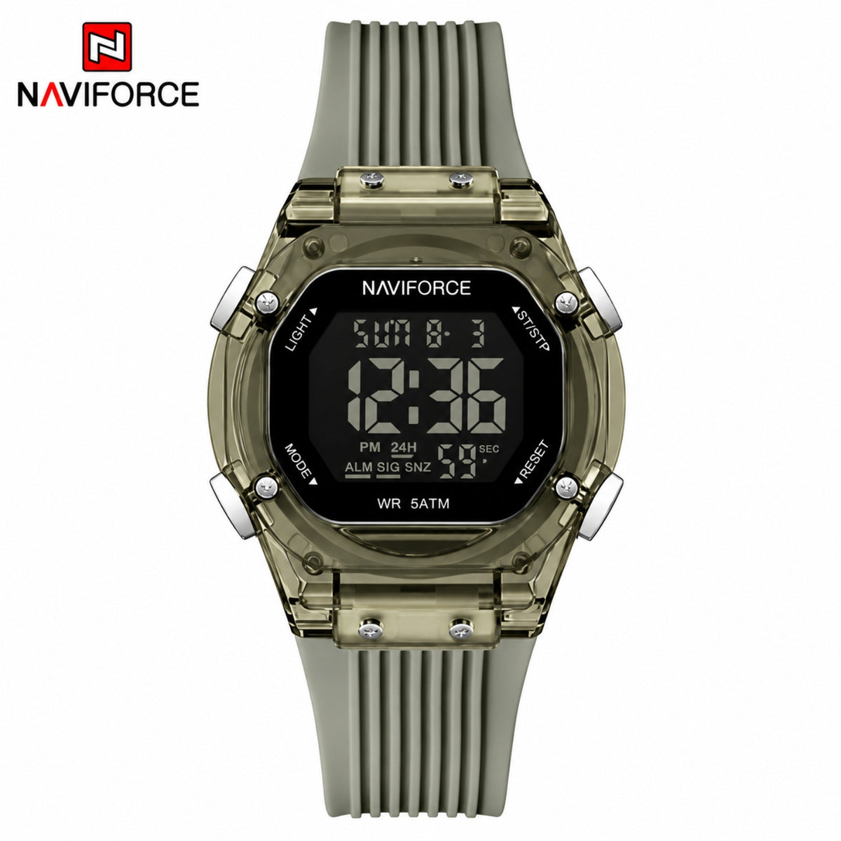 Naviforce Reloj Digital Verde con Negro con Correa de Silicona, Diámetro de 36 mm, Cristal Acrílico HD y Resistencia al Agua 5 ATM.