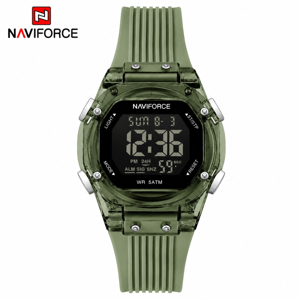 Naviforce Reloj Digital Verde con Correa de Silicona, Diámetro de 36 mm, Cristal Acrílico HD y Resistencia al Agua 5 ATM.