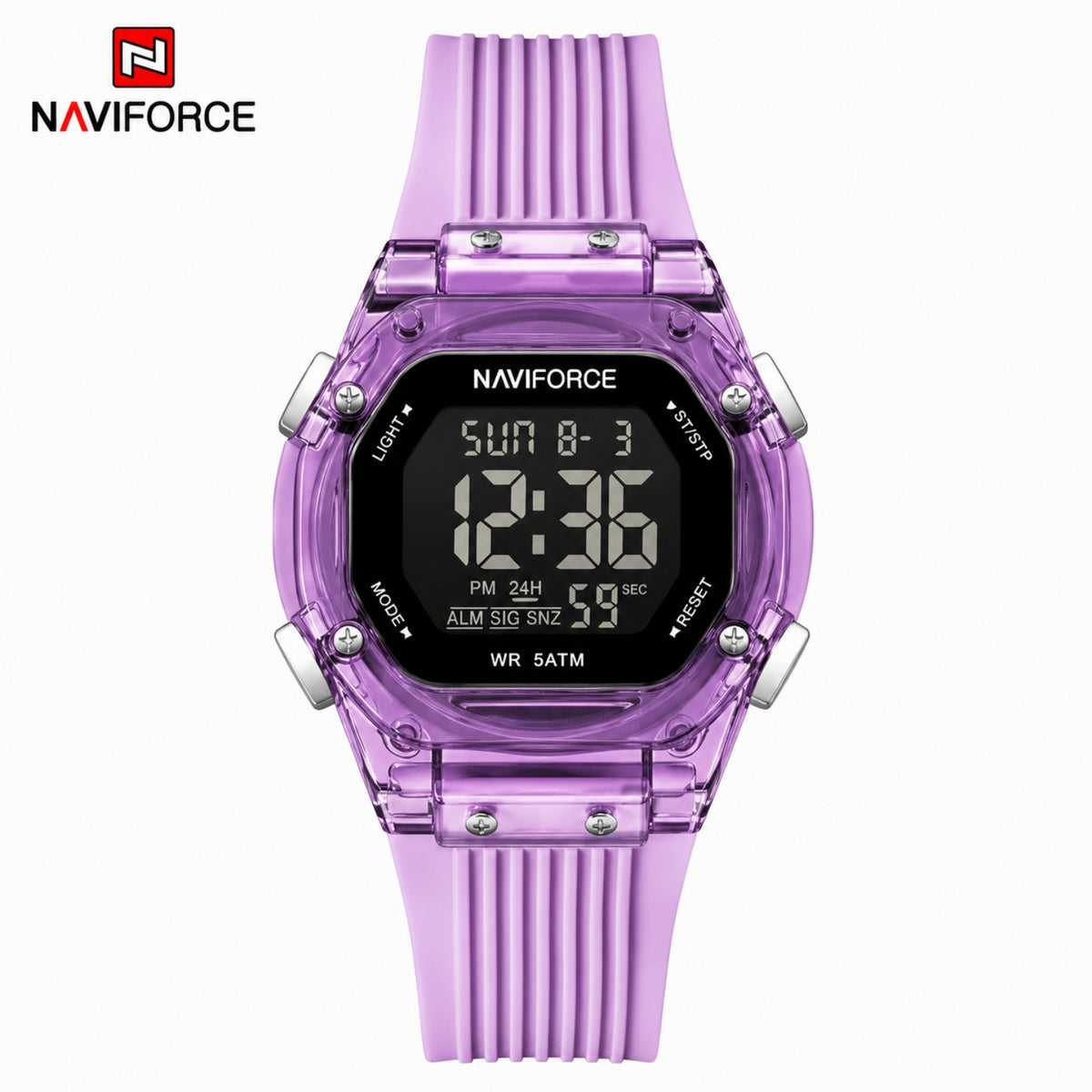 Naviforce Reloj Digital Morado con Correa de Silicona, Diámetro de 36 mm, Cristal Acrílico HD y Resistencia al Agua 5 ATM.