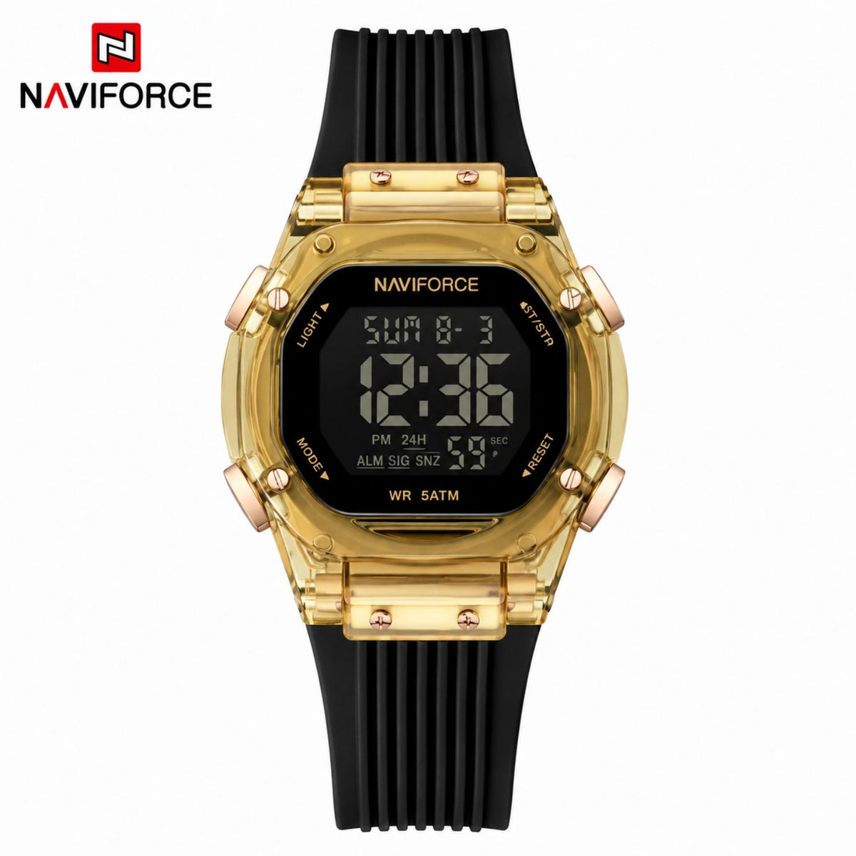 Naviforce Reloj Digital Negro con Dorado con Correa de Silicona, Diámetro de 36 mm, Cristal Acrílico HD y Resistencia al Agua 5 ATM.