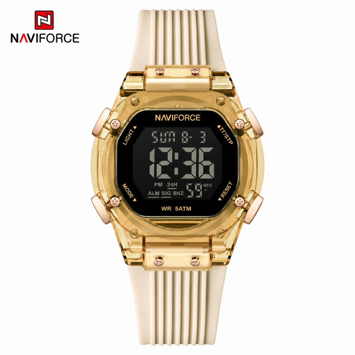 Naviforce Reloj Digital Dorado con Negro con Correa de Silicona, Diámetro de 36 mm, Cristal Acrílico HD y Resistencia al Agua 5 ATM.