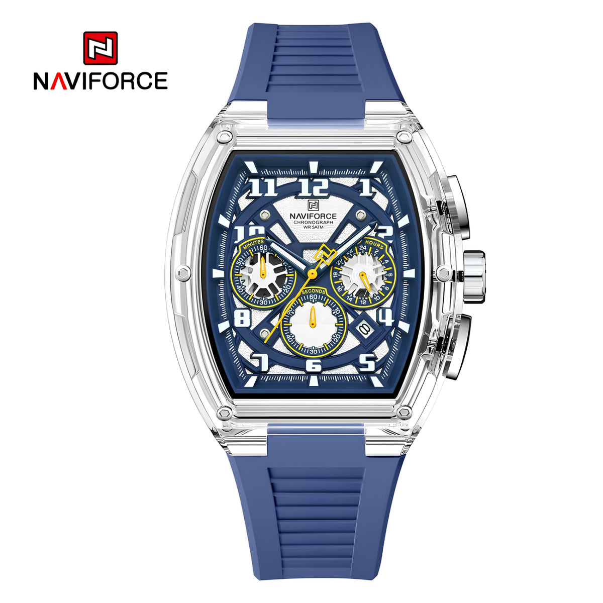 Naviforce Reloj Cronógrafo Azul con Correa de Silicona, Diámetro de 46 mm y Resistencia al Agua 5 ATM.